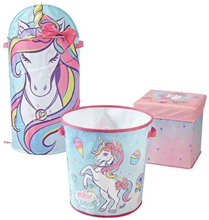 Idea Nuova JoJo Siwa Believe in Your Dreams Unicorn 3 Piece Collapsible Storage Set with Collapsible Ottoman, Bin and Figural Dome Pop Up Hamper, Pink