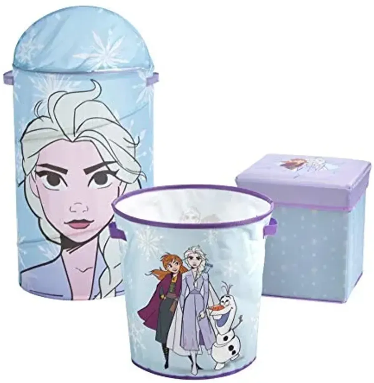Idea Nuova Disney Frozen 2 3 Piece Collapsible Storage Set with Collapsible Ottoman, Bin and Figural Dome Pop Up Hamper, Blue