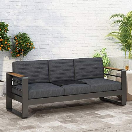 Christopher Knight Home Giovanna Outdoor 3 Seater Sofa, Dark Grey + Natural + Black Anodize
