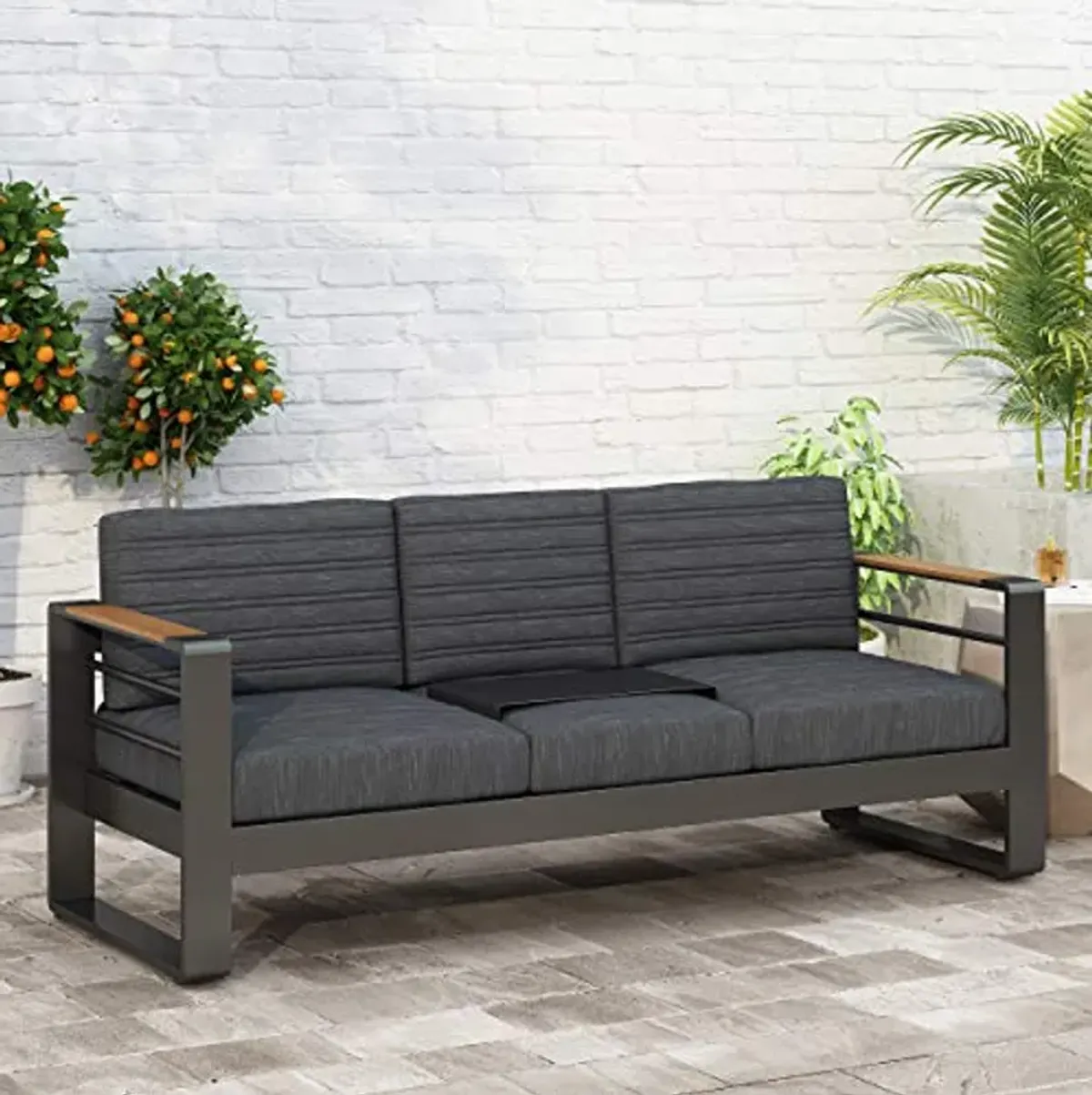 Christopher Knight Home Giovanna Outdoor 3 Seater Sofa, Dark Grey + Natural + Black Anodize