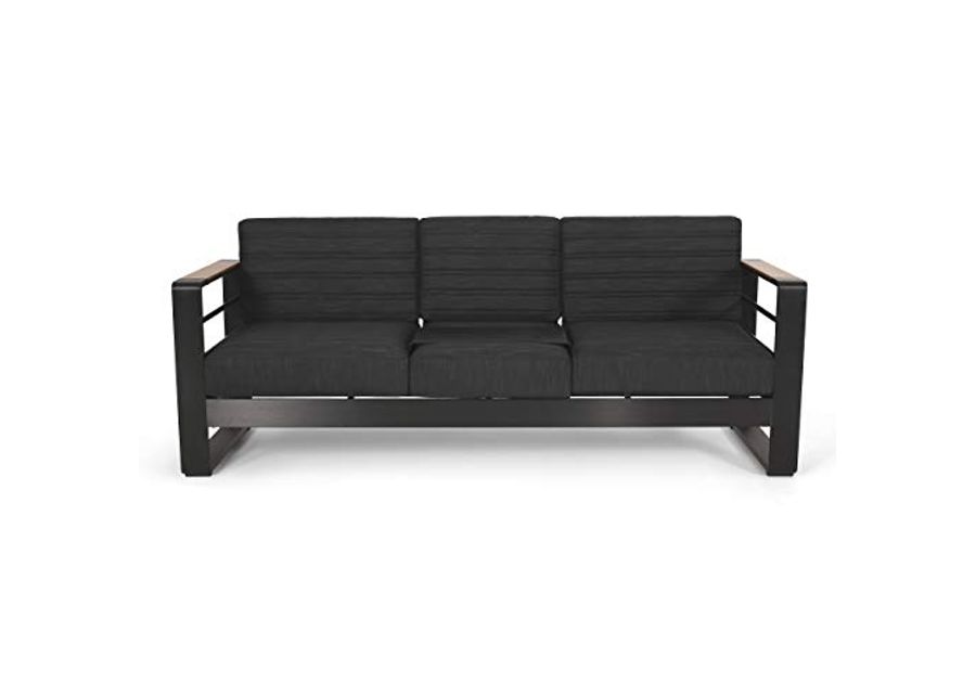 Christopher Knight Home Giovanna Outdoor 3 Seater Sofa, Dark Grey + Natural + Black Anodize