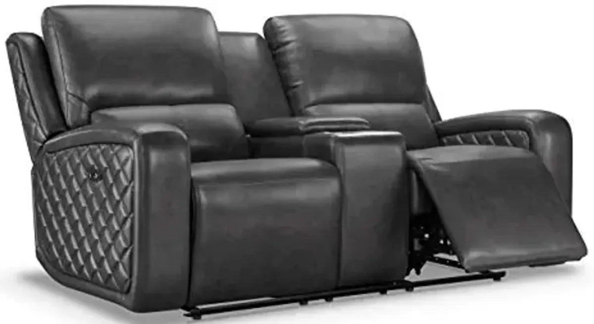 Abbyson Living Premium Top Grain Leather Upholstered Power Reclining Loveseat with Center Console, Grey
