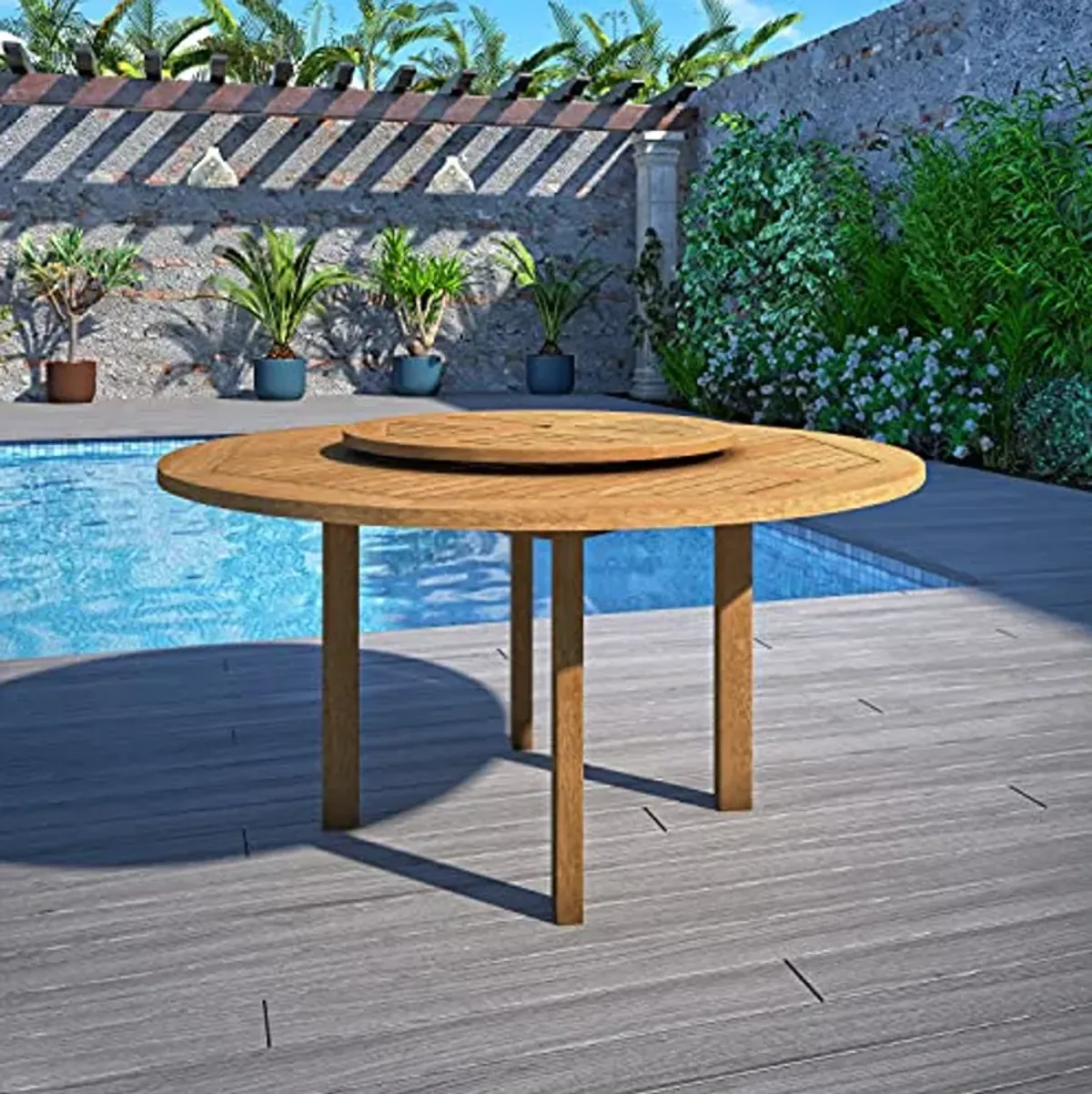 Amazonia Arezzo 7-Piece Outdoor Round Lazy Susan Dining Table Set | Teak Finish | Ideal for Patio and Indoors