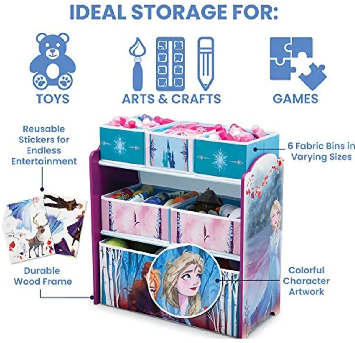 Delta Children Kids Table and Chair Set with Storage (2 Chairs Included) Plus Design & Store 6 Bin Toy Storage Organizer - Ideal for Arts & Crafts, Homeschooling, Homework & More, Disney Frozen II