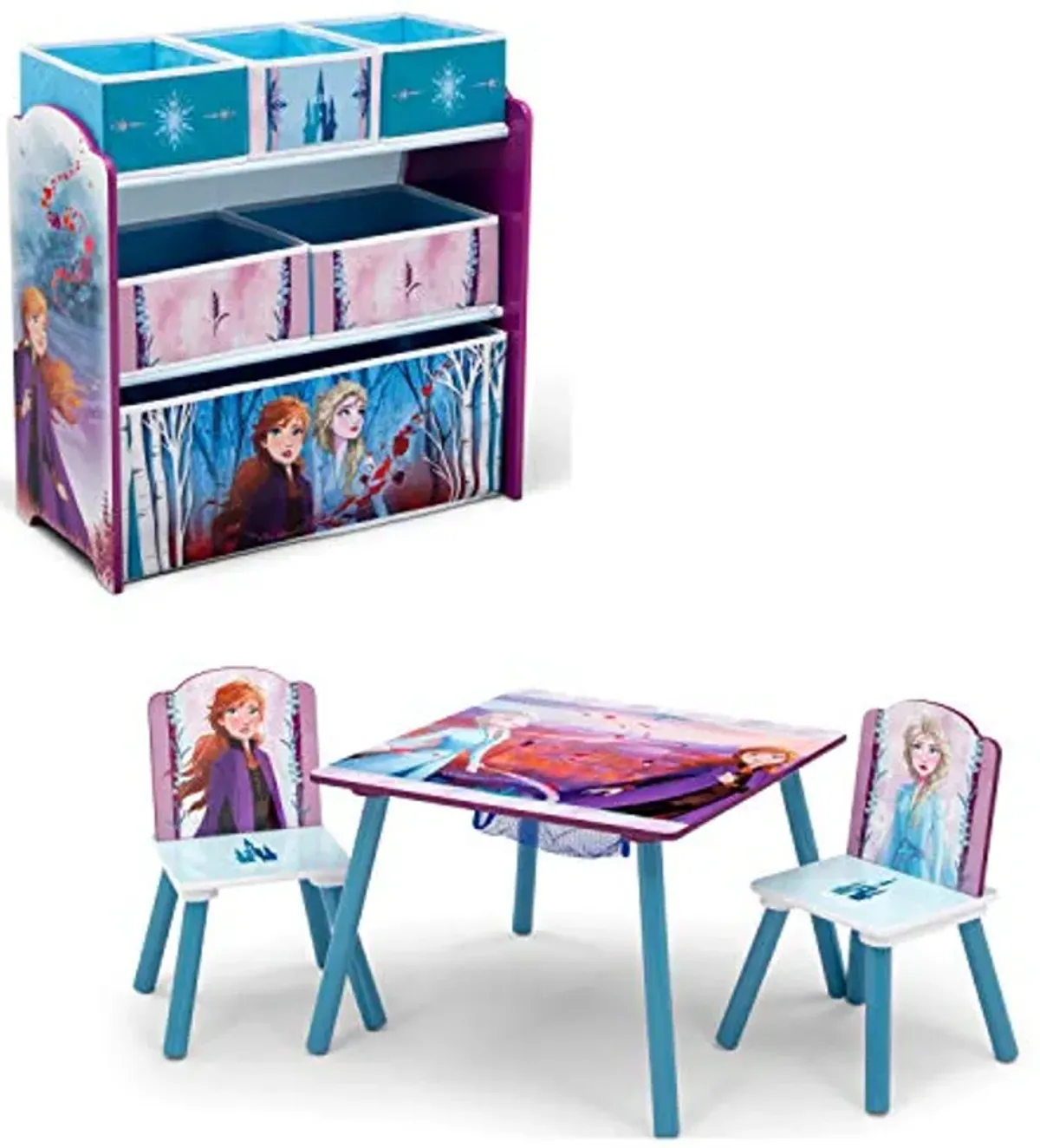 Delta Children Kids Table and Chair Set with Storage (2 Chairs Included) Plus Design & Store 6 Bin Toy Storage Organizer - Ideal for Arts & Crafts, Homeschooling, Homework & More, Disney Frozen II