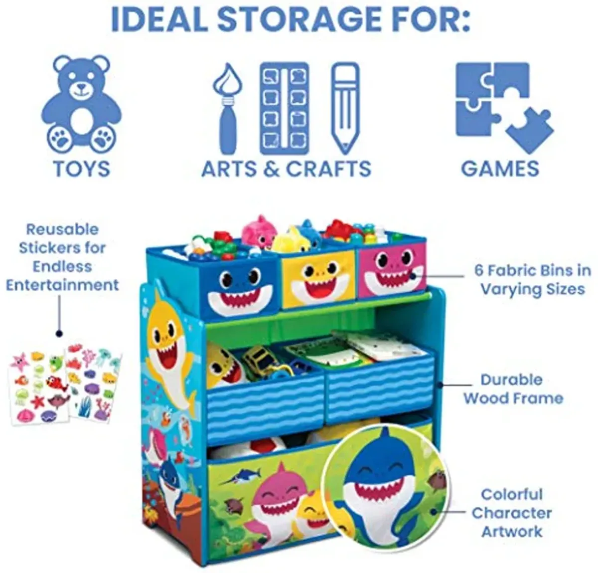 Delta Children Baby Shark Kids Table and Chair Set with Storage (2 Chairs Included) Plus Design & Store 6 Bin Toy Storage Organizer - Ideal for Arts & Crafts, Homeschooling, Homework & More