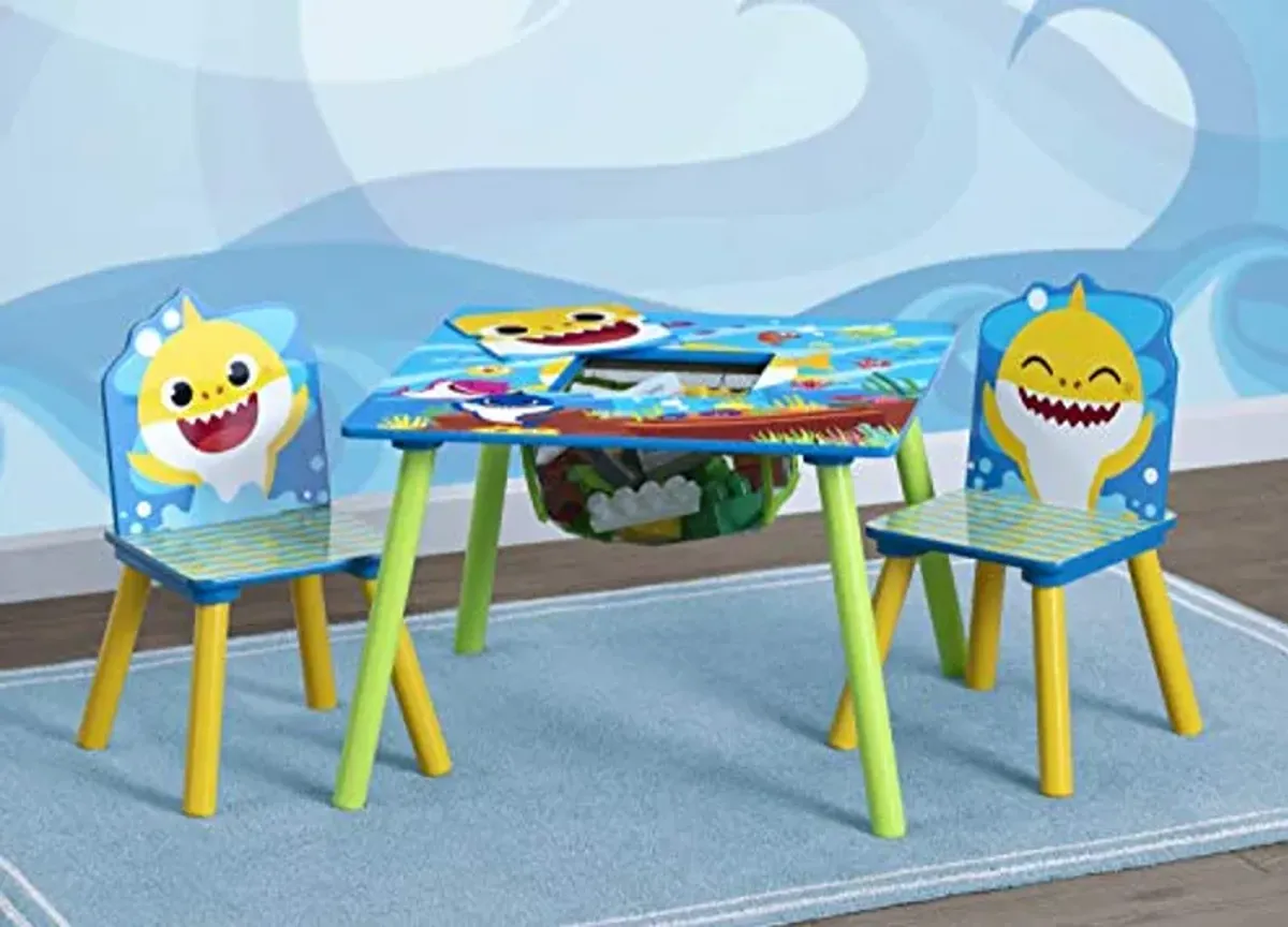 Delta Children Baby Shark Kids Table and Chair Set with Storage (2 Chairs Included) Plus Design & Store 6 Bin Toy Storage Organizer - Ideal for Arts & Crafts, Homeschooling, Homework & More