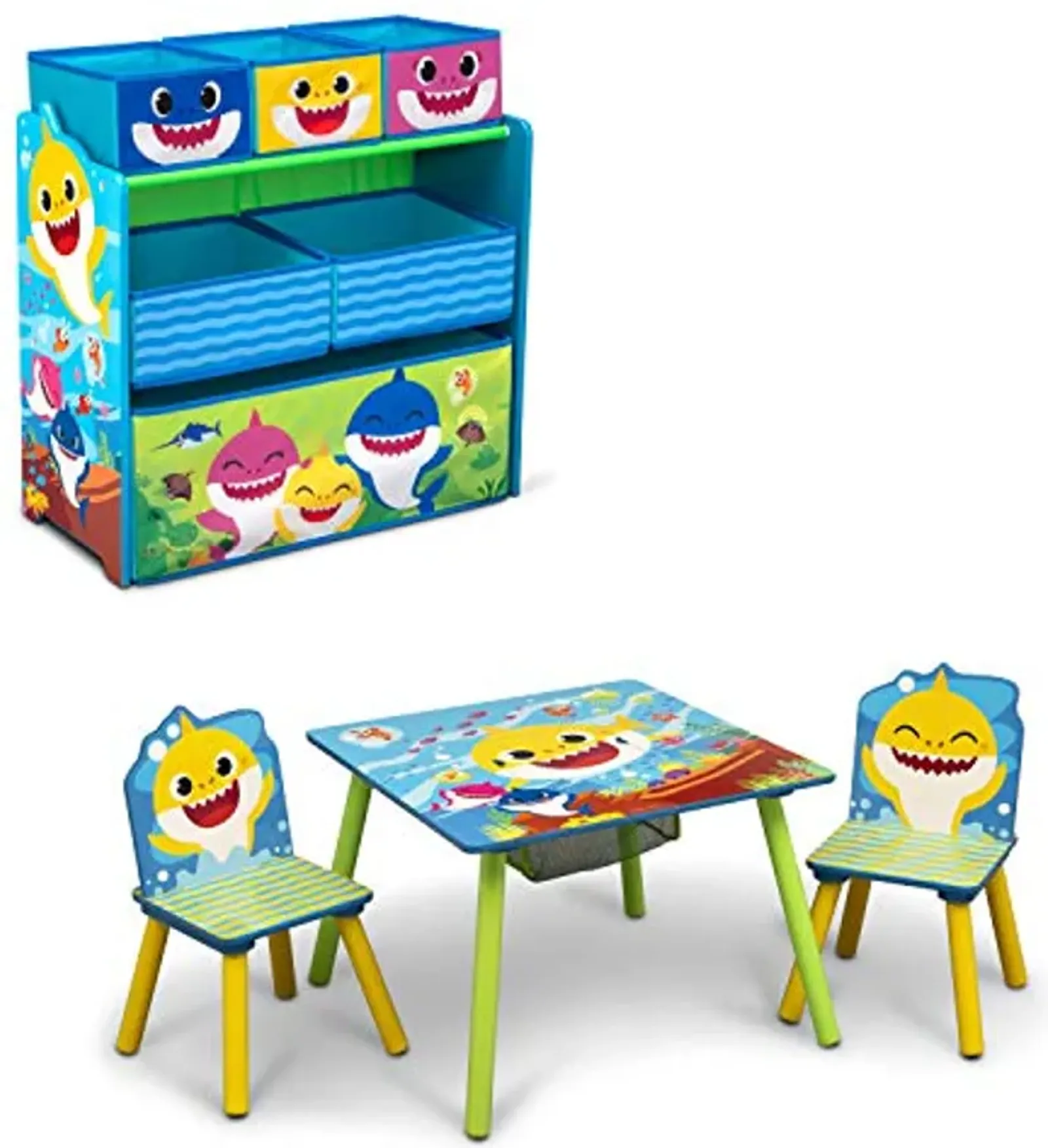 Delta Children Baby Shark Kids Table and Chair Set with Storage (2 Chairs Included) Plus Design & Store 6 Bin Toy Storage Organizer - Ideal for Arts & Crafts, Homeschooling, Homework & More