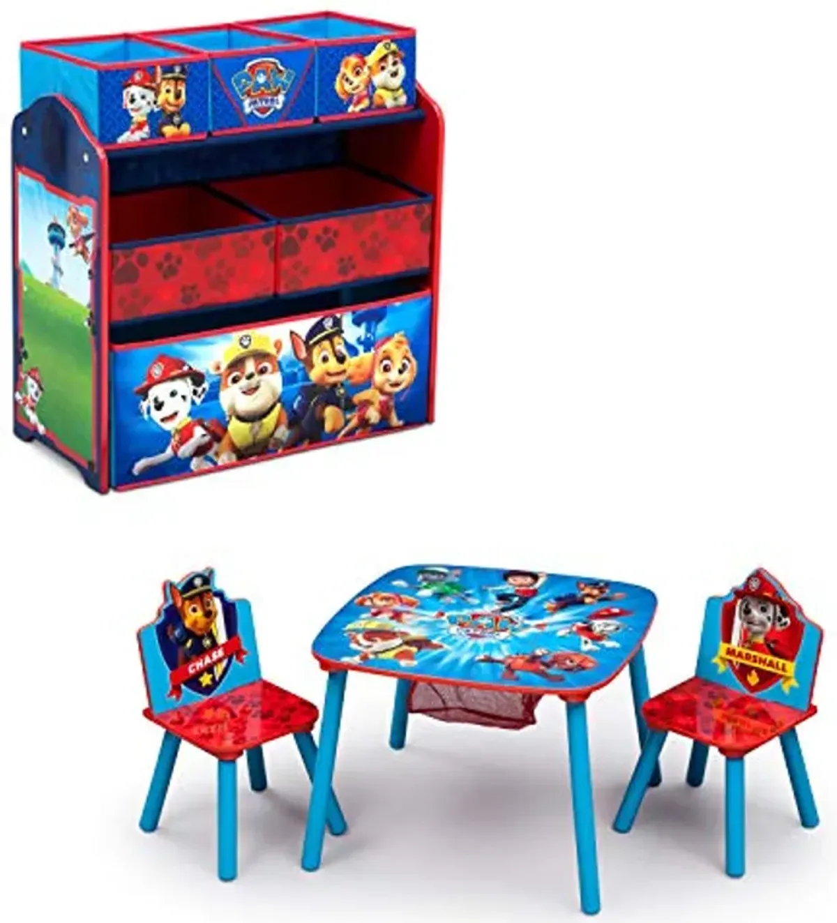 Delta Children Kids Table and Chair Set with Storage (2 Chairs Included) Plus Design & Store 6 Bin Toy Storage Organizer - Ideal for Arts & Crafts, Homeschooling, Homework & More, Nick Jr. PAW Patrol