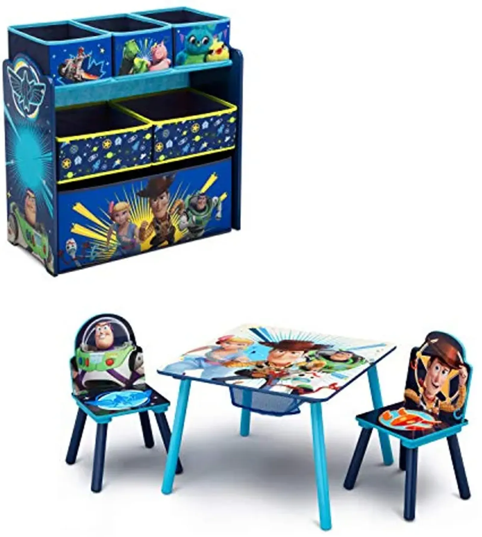 Delta Children Kids Table and Chair Set with Storage (2 Chairs Included) Plus Design and Store 6-Bin Toy Storage Organizer - Arts & Crafts, Homeschooling, Homework & More, Disney/Pixar Toy Story 4