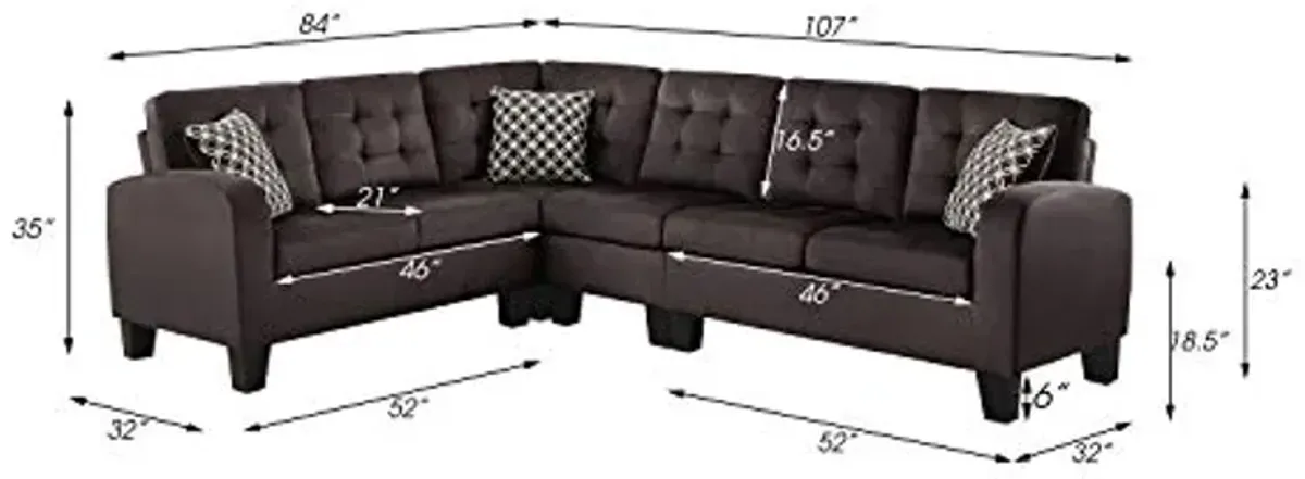 Lexicon Westville Tufted Fabric 2-Piece Reversible Sectional Sofa, 84" x 107", Chocolate