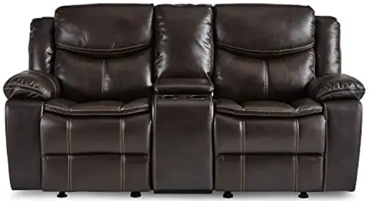 Lexicon Warrenton Leather Gel Matched Manual Double Glider Reclining Love Seat with Center Console, 78.5" W, Dark Brown