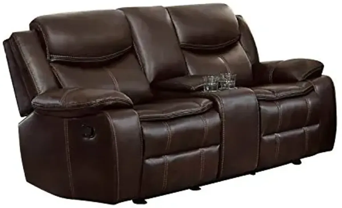 Lexicon Warrenton Leather Gel Matched Manual Double Glider Reclining Love Seat with Center Console, 78.5" W, Dark Brown