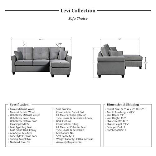 Lexicon Levi Reversible Sofa Chaise, Gray