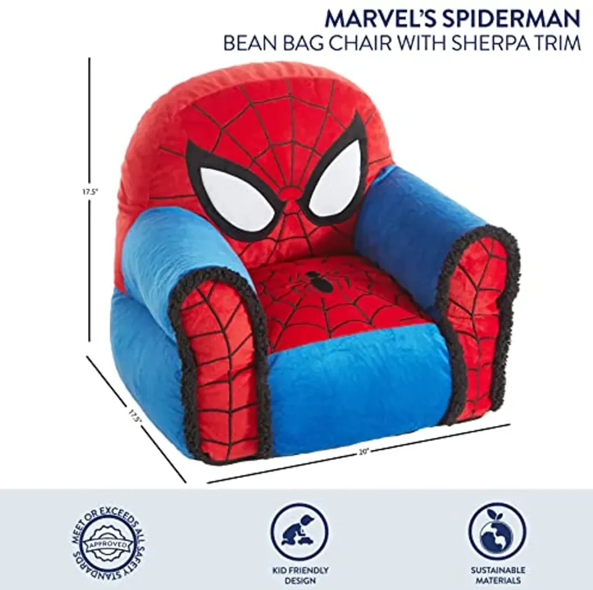 Idea Nuova Marvel Spiderman Figural Bean Bag Chair with Sherpa Trim, Ages 3+, Polyester, Red, Medium