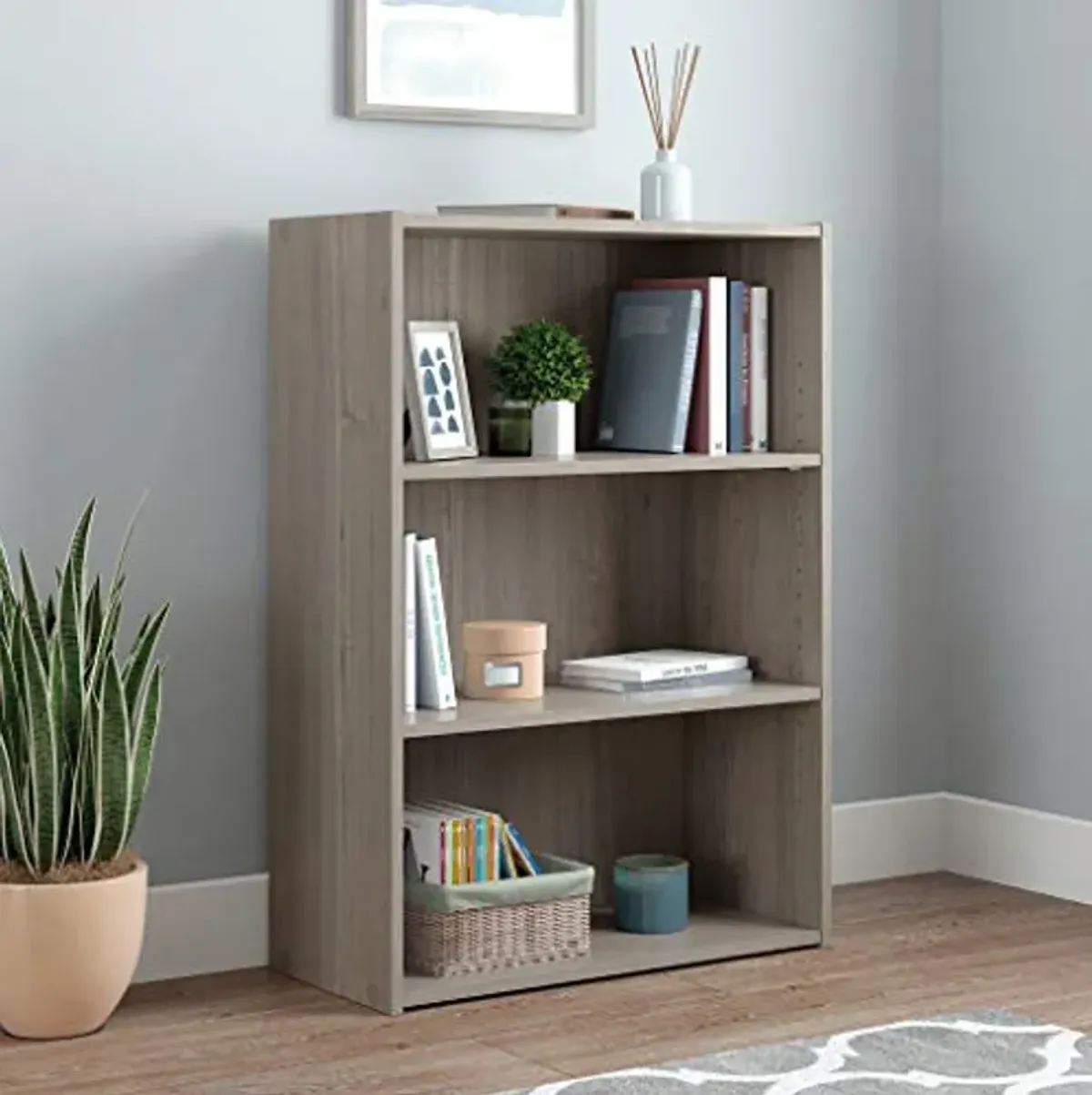 Sauder Beginnings 3-Shelf Bookcase, Bookshelf with Adjustable Storage Shelves, in Silver Sycamore