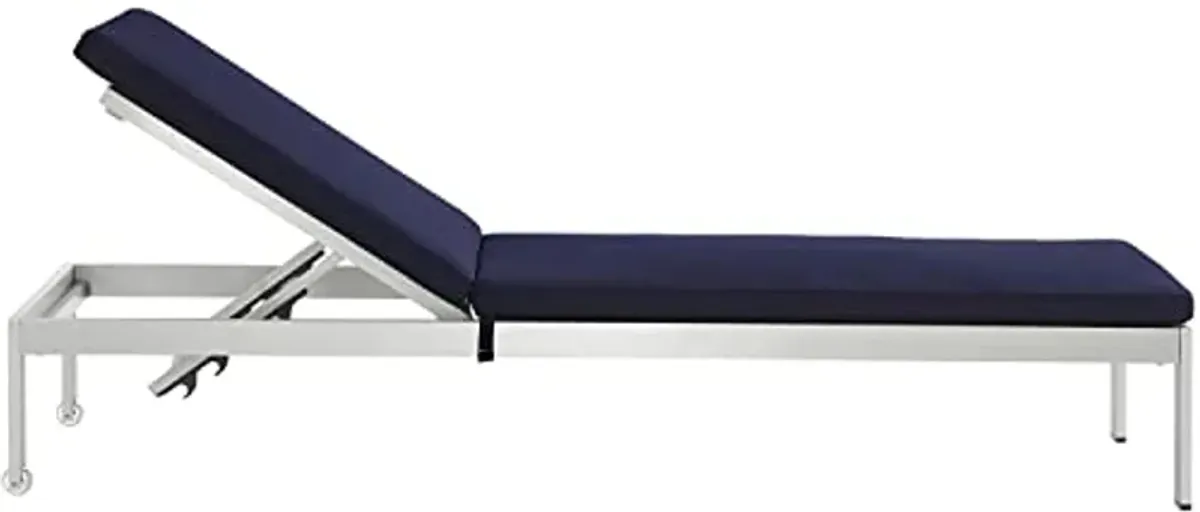 Modway Shore Aluminum Outdoor Patio Chaise Poolside Lounge Chair with Cushion in Silver Navy