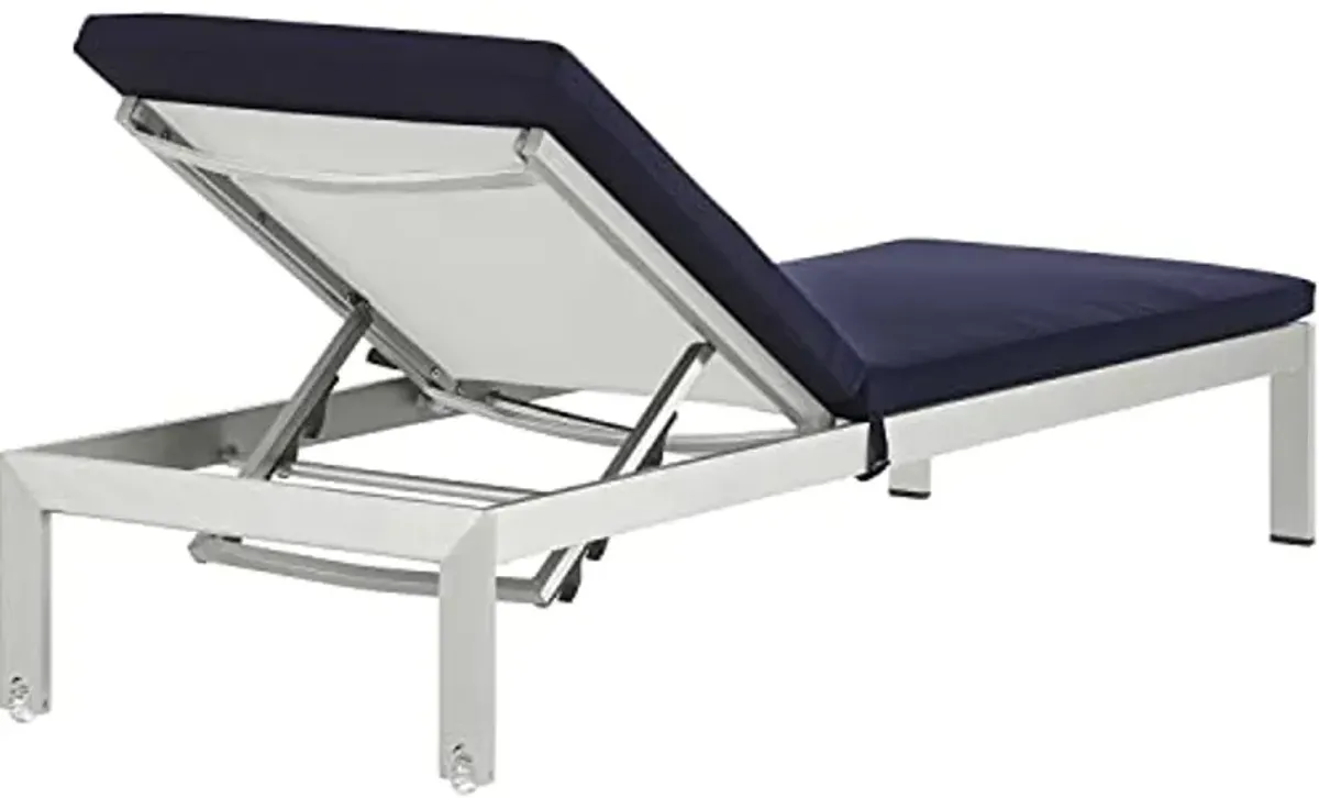 Modway Shore Aluminum Outdoor Patio Chaise Poolside Lounge Chair with Cushion in Silver Navy