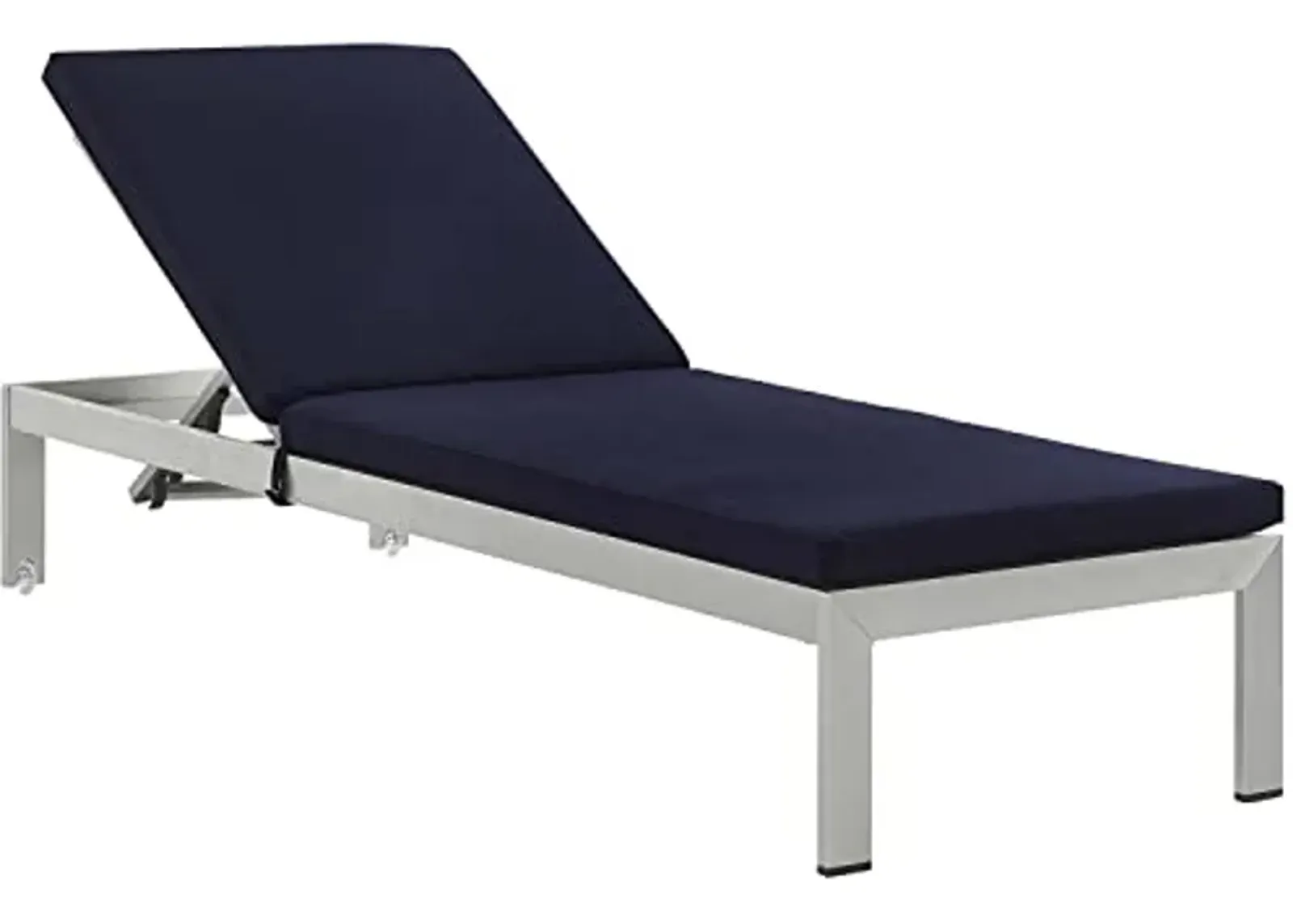 Modway Shore Aluminum Outdoor Patio Chaise Poolside Lounge Chair with Cushion in Silver Navy