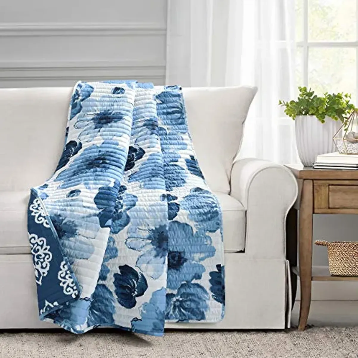 Lush Decor Leah Reversible Throw Blanket, 50" W x 60" L, Navy & White - Large Blooming Watercolor Flowers - Charming Quilted Floral Blanket For Bed, Couch, Or Chair