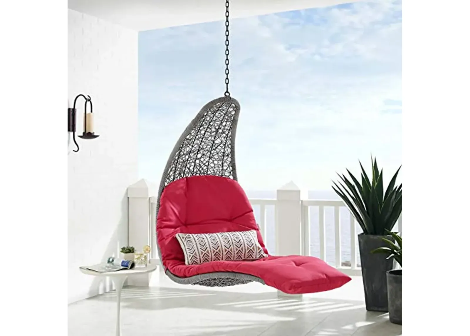 Modway Landscape Wicker Rattan Outdoor Patio Porch Chaise Lounge Hanging Swing Chair, Light Gray Red