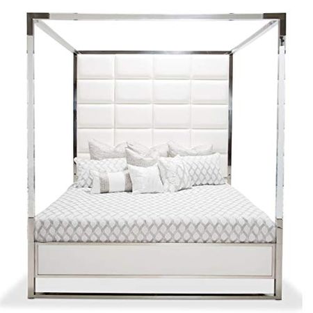 Aico Amini State St Cal King Metal Canopy Bed in Glossy White