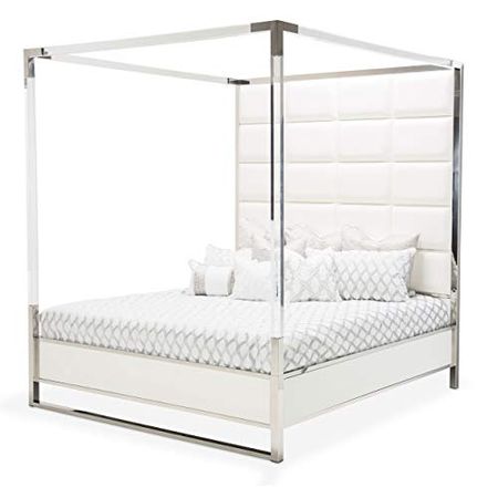 Aico Amini State St Cal King Metal Canopy Bed in Glossy White