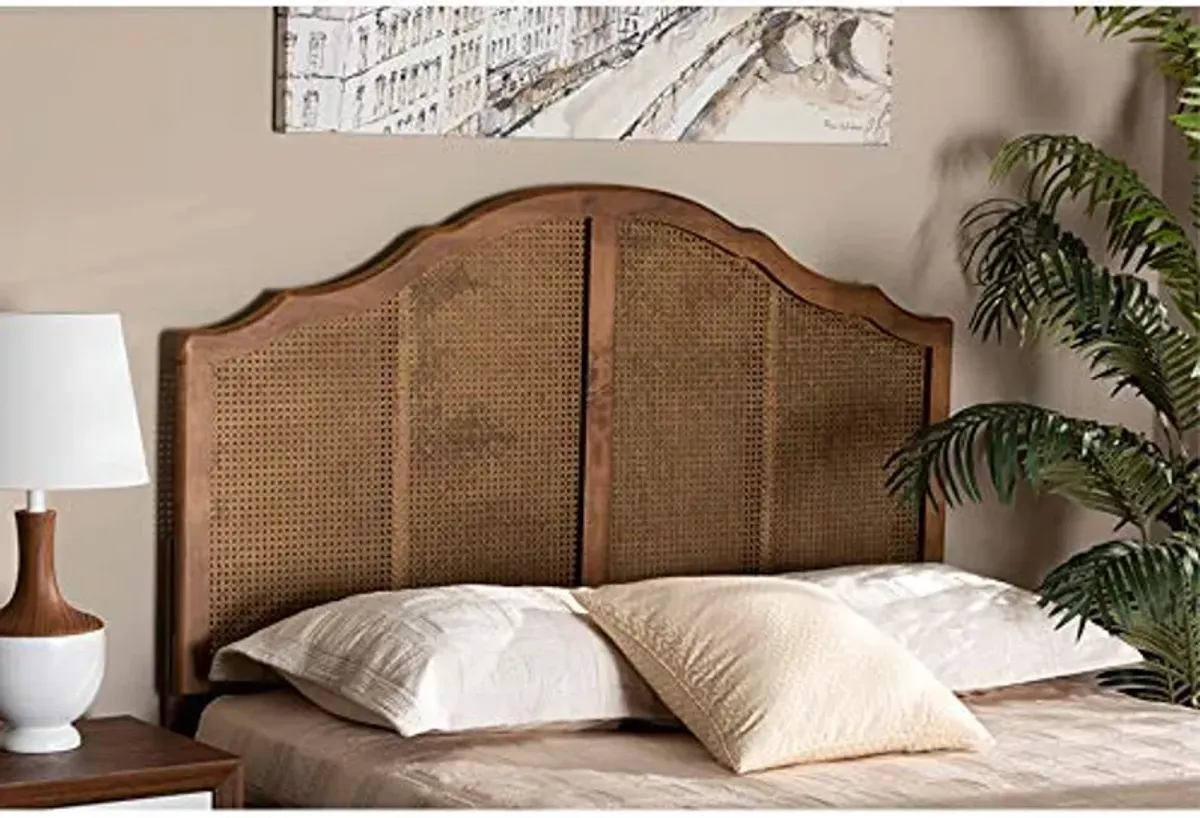 Baxton Studio Iris Vintage Classic and Traditional Ash Walnut Finished Wood and Synthetic Rattan Queen Size Arched Headboard