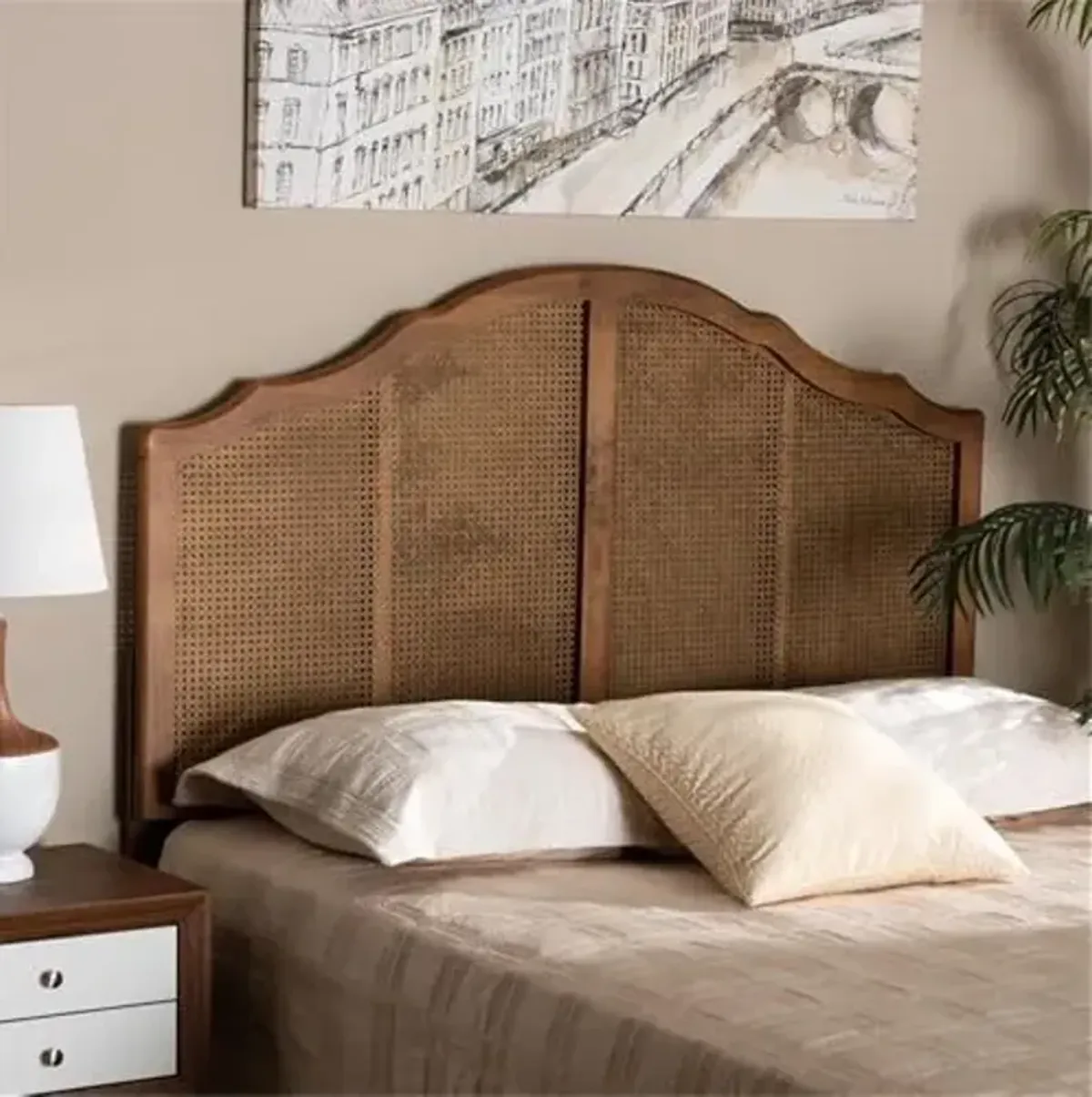 Baxton Studio Iris 50" x 78" Wood & Rattan King Size Arched Headboard with Scalloped Detailing, Assembly Required, in Walnut Finish