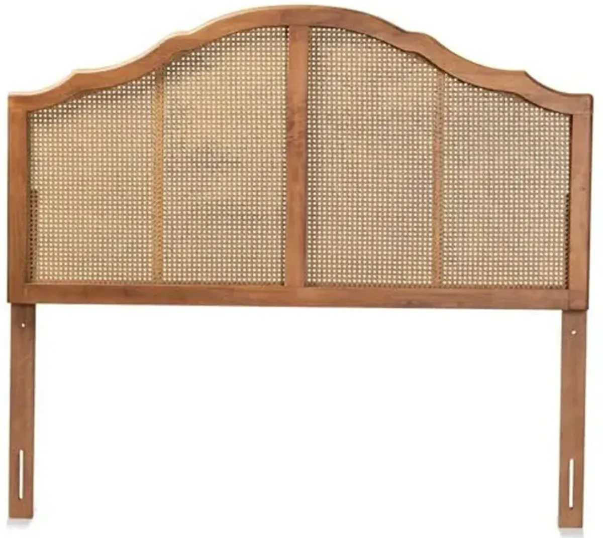 Baxton Studio Iris 50" x 78" Wood & Rattan King Size Arched Headboard with Scalloped Detailing, Assembly Required, in Walnut Finish
