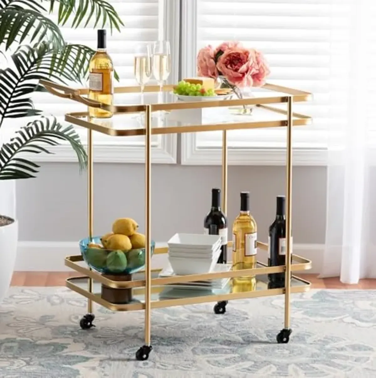 Baxton Studio Destin Modern and Contemporary Glam Brushed Gold Finished Metal and Mirrored Glass 2-Tier Mobile Wine Bar Cart