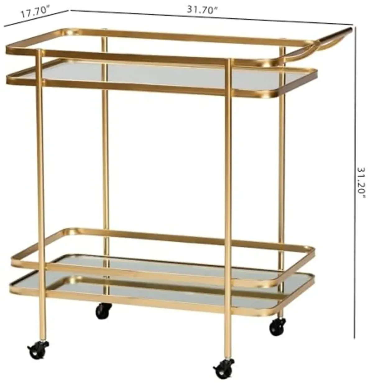 Baxton Studio Destin Modern and Contemporary Glam Brushed Gold Finished Metal and Mirrored Glass 2-Tier Mobile Wine Bar Cart