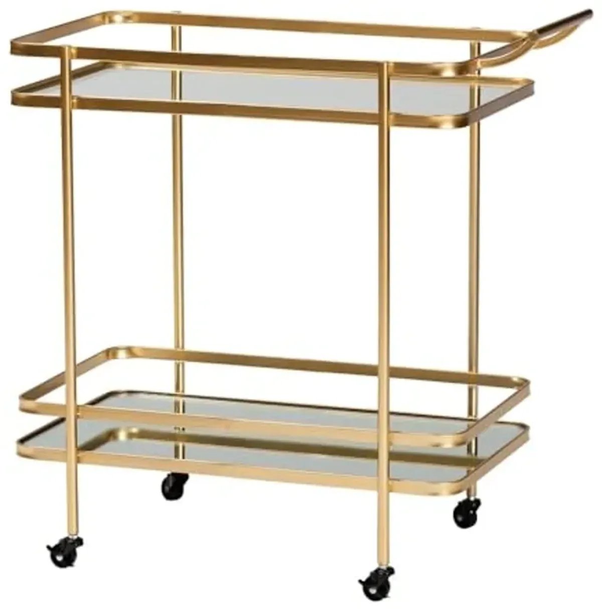 Baxton Studio Destin Modern and Contemporary Glam Brushed Gold Finished Metal and Mirrored Glass 2-Tier Mobile Wine Bar Cart