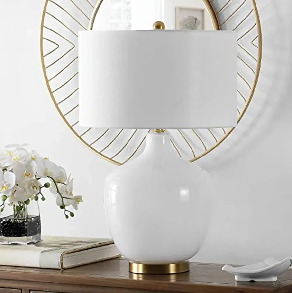 SAFAVIEH Lighting Collection Eugenie Modern Contemporary Antique White Glass Gourd 27-inchBedroom Living Room Home Office Desk Nightstand Table Lamp (LED Bulb Included)