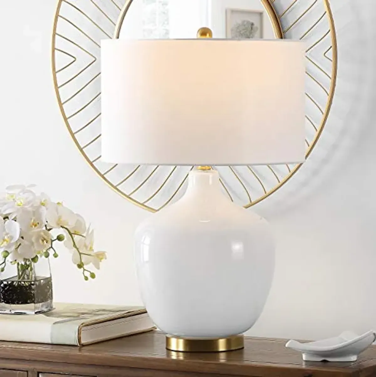 SAFAVIEH Lighting Collection Eugenie Modern Contemporary Antique White Glass Gourd 27-inchBedroom Living Room Home Office Desk Nightstand Table Lamp (LED Bulb Included)