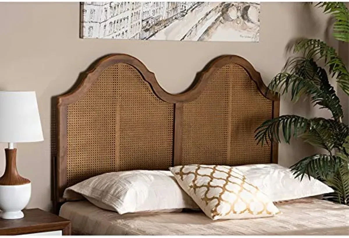 Baxton Studio Hazel Vintage Classic and Traditional Ash Walnut Finished Wood and Synthetic Rattan Queen Size Arched Headboard