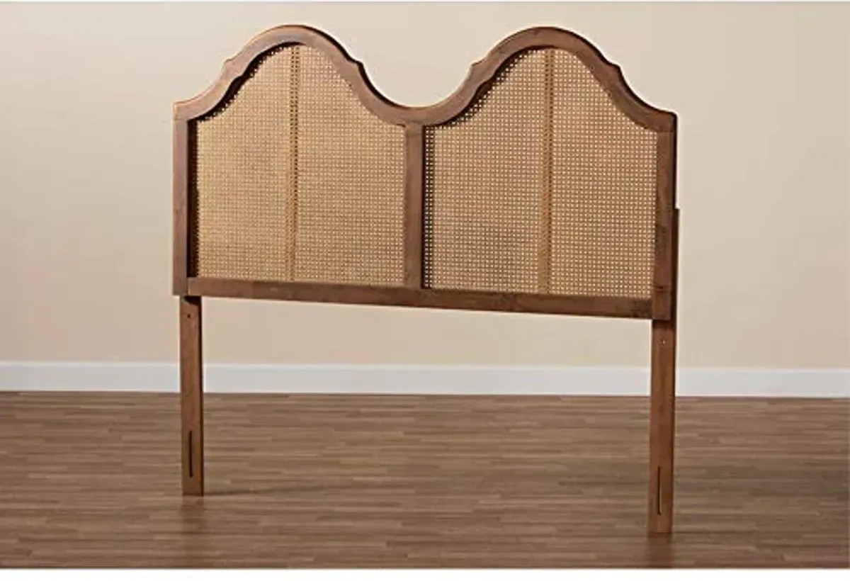 Baxton Studio Hazel Vintage Classic and Traditional Ash Walnut Finished Wood and Synthetic Rattan Queen Size Arched Headboard