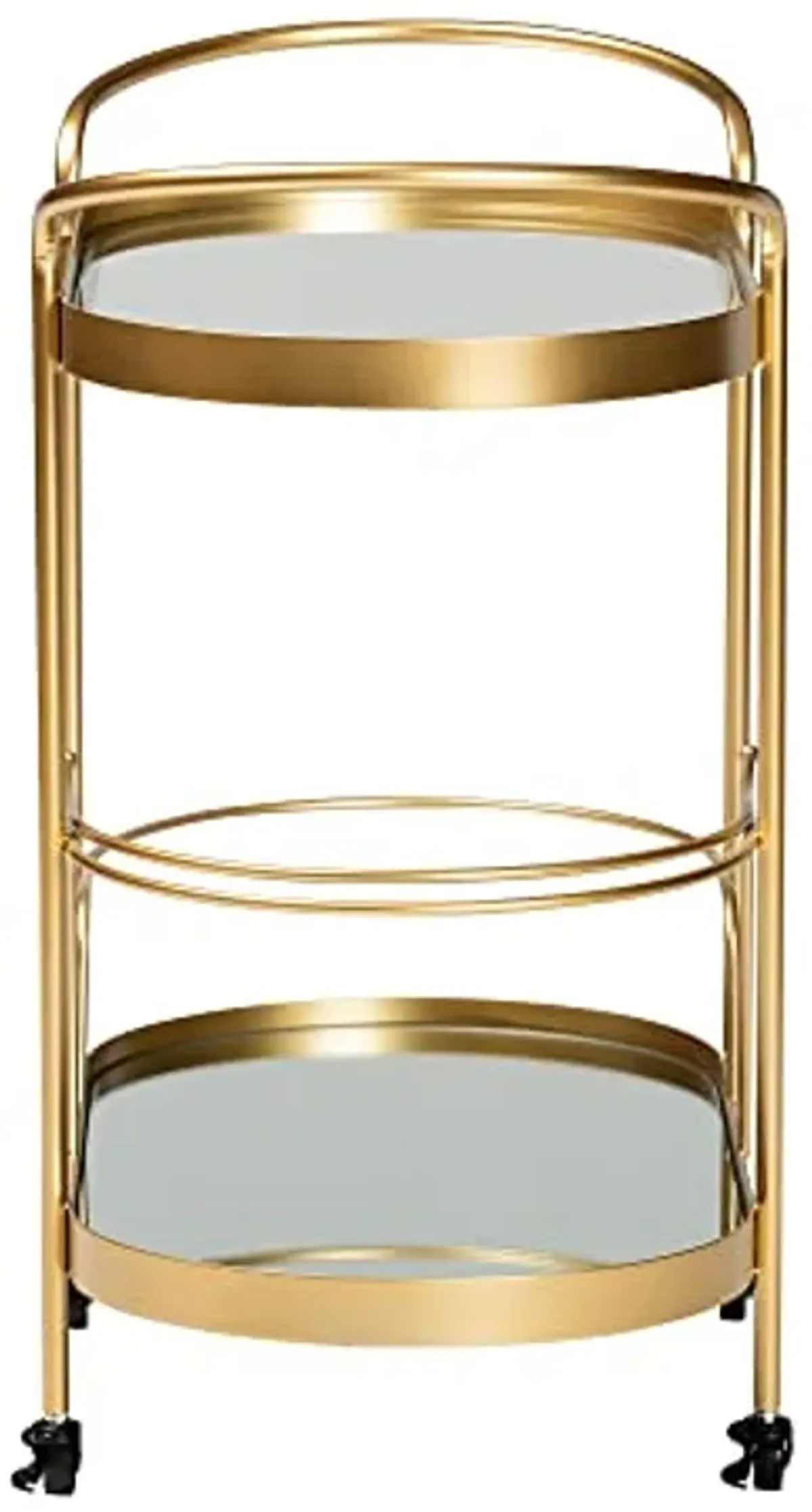 Baxton Studio Kamal Modern and Contemporary Glam Brushed Gold Finished Metal and Mirrored Glass 2-Tier Mobile Wine Bar Cart