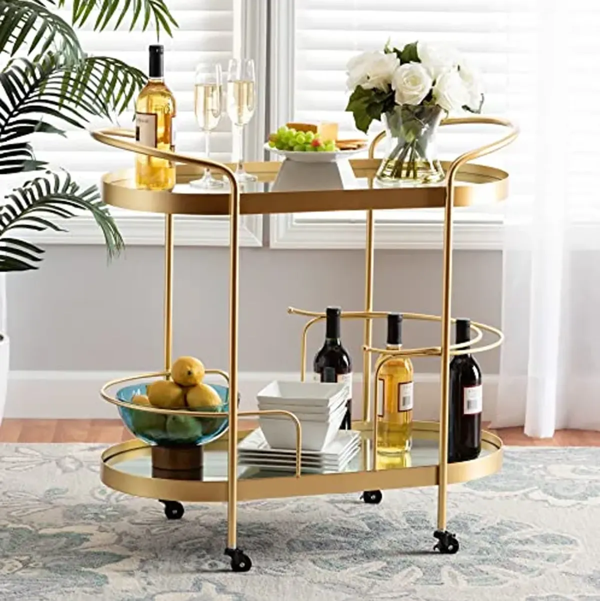 Baxton Studio Kamal Modern and Contemporary Glam Brushed Gold Finished Metal and Mirrored Glass 2-Tier Mobile Wine Bar Cart