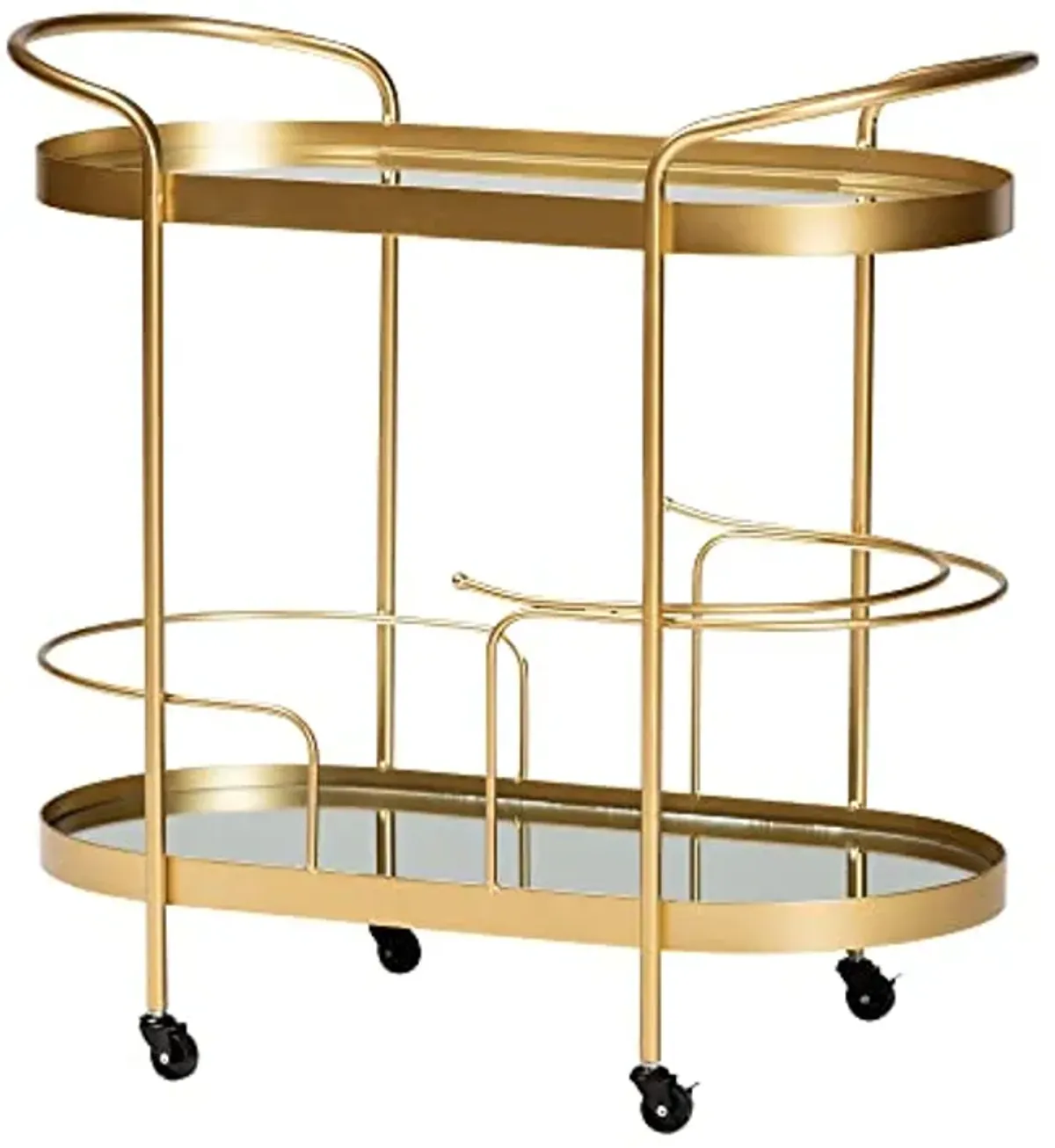 Baxton Studio Kamal Modern and Contemporary Glam Brushed Gold Finished Metal and Mirrored Glass 2-Tier Mobile Wine Bar Cart