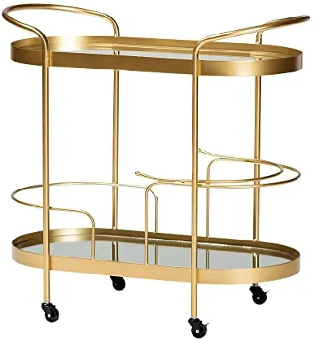 Baxton Studio Kamal Gold Finished Metal and Glass 2-Tier Mobile Wine Bar Cart