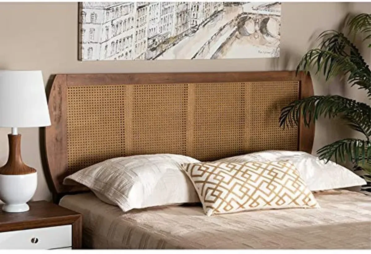 Baxton Studio Harris Mid-Century Modern Ash Walnut Finished Wood and Synthetic Rattan Queen Size Headboard