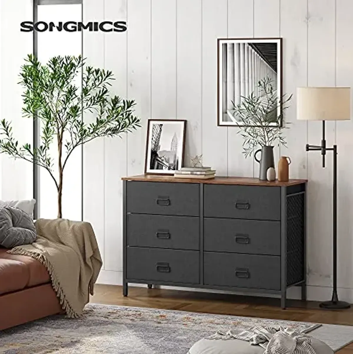 SONGMICS Dresser for Bedroom, Storage Organizer Unit with 6 Fabric Drawers, Chest of Drawers, Steel Frame, for Living Room, Entryway, Rustic Brown and Black ULTS223B01