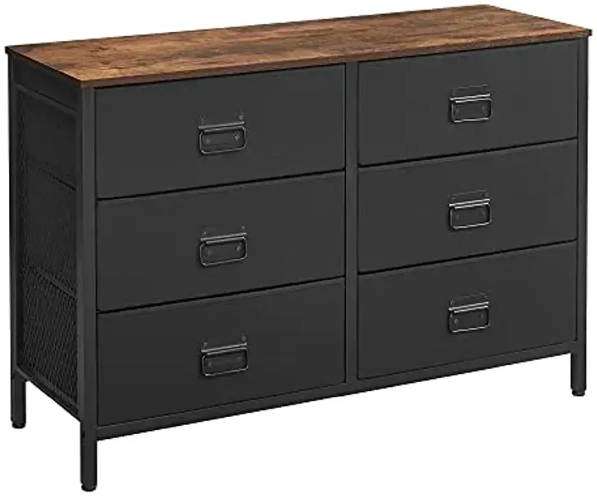 SONGMICS Dresser for Bedroom, Storage Organizer Unit with 6 Fabric Drawers, Chest of Drawers, Steel Frame, for Living Room, Entryway, Rustic Brown and Black ULTS223B01