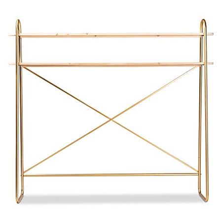 Baxton Studio Merida Glam and Luxe Brushed Gold Finished Metal and Natural Brown Finished Wood 2-Tier Over Bed Queen Size Storage Display Shelf