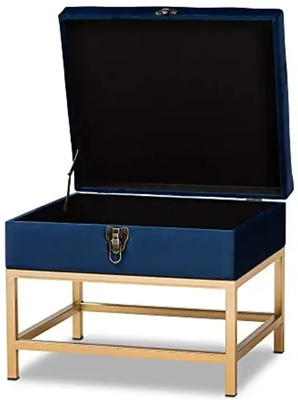 Baxton Studio Aliana Glam and Luxe Navy Blue Velvet Fabric Upholstered and Gold Finished Metal Small Storage Ottoman