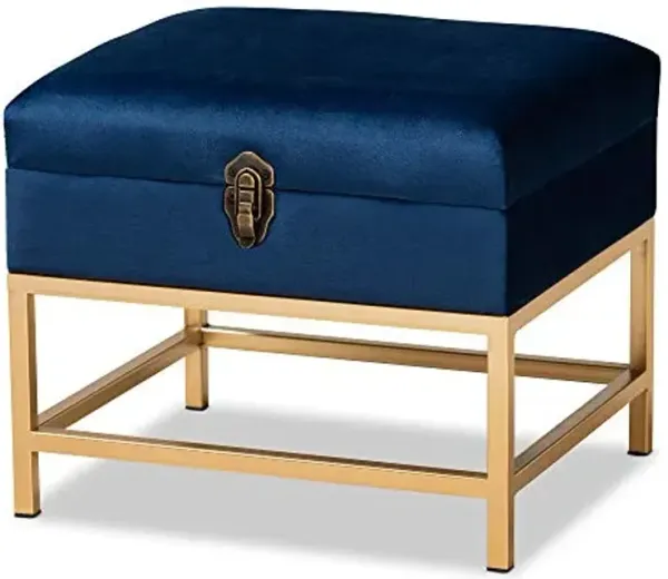 Baxton Studio Aliana Glam and Luxe Navy Blue Velvet Fabric Upholstered and Gold Finished Metal Small Storage Ottoman