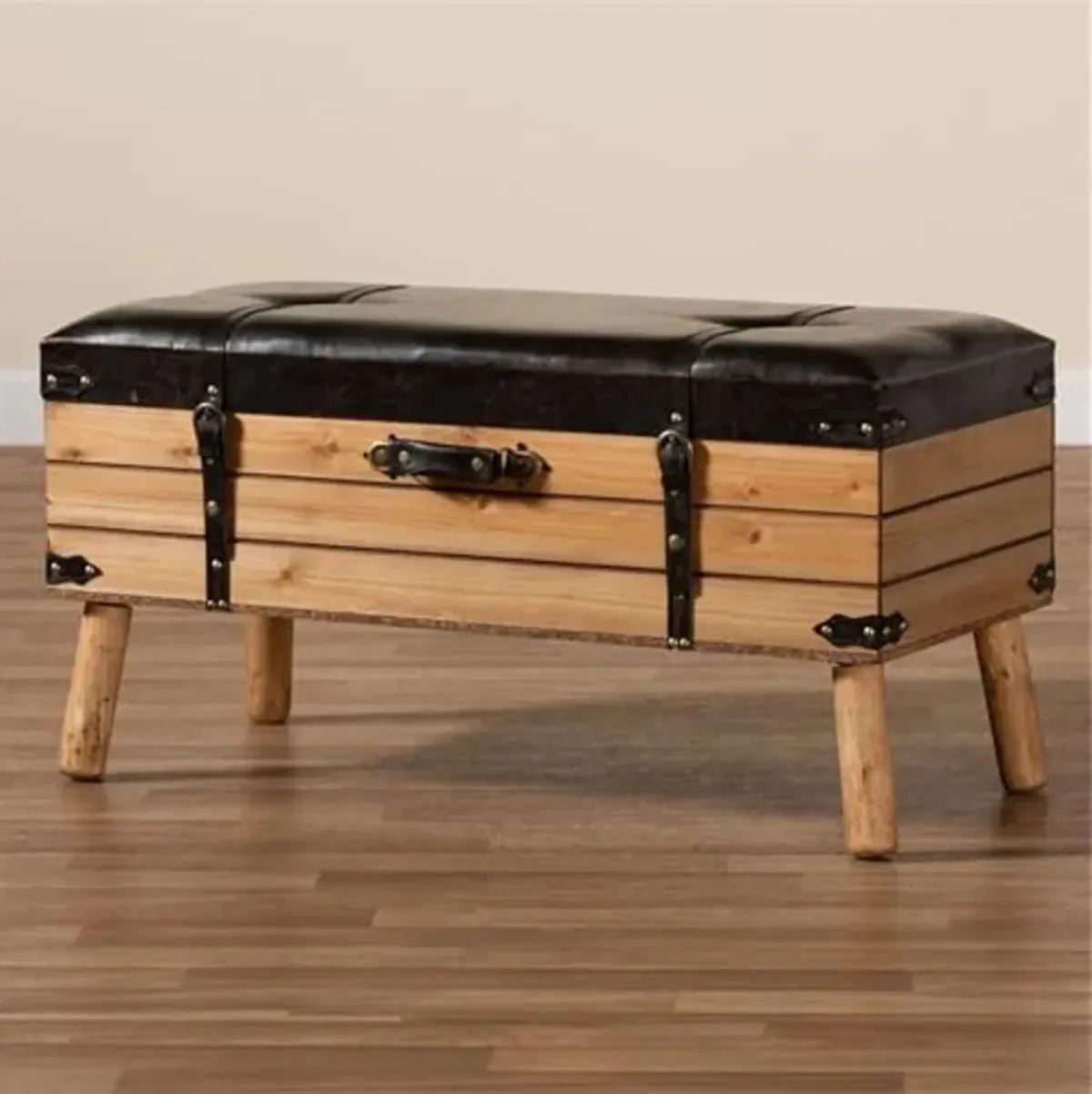 Baxton Studio Amena Rustic Transitional Dark Brown PU Leather Upholstered and Oak Finished Wood Large Storage Ottoman