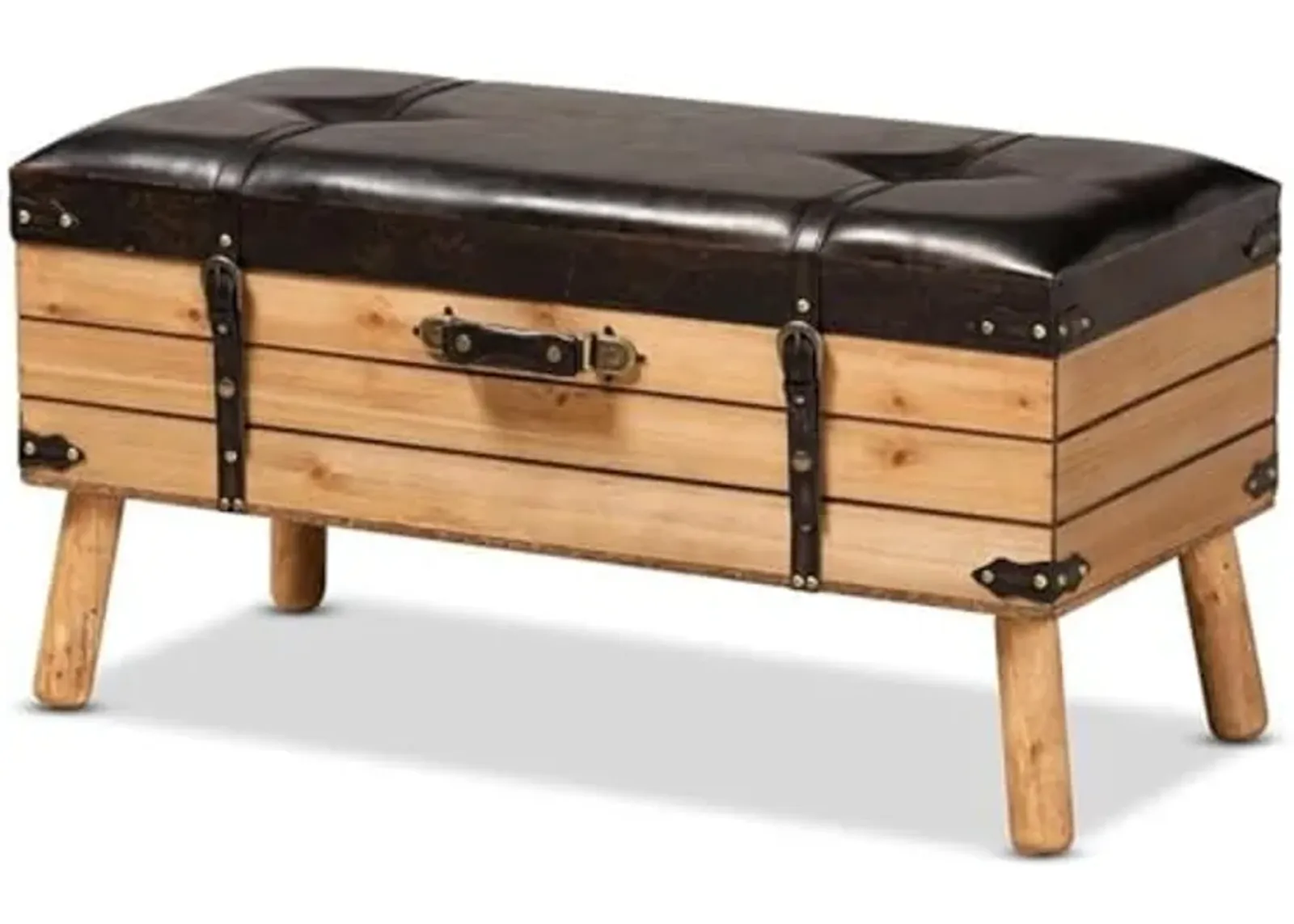 Baxton Studio Amena Rustic Transitional Dark Brown PU Leather Upholstered and Oak Finished Wood Large Storage Ottoman