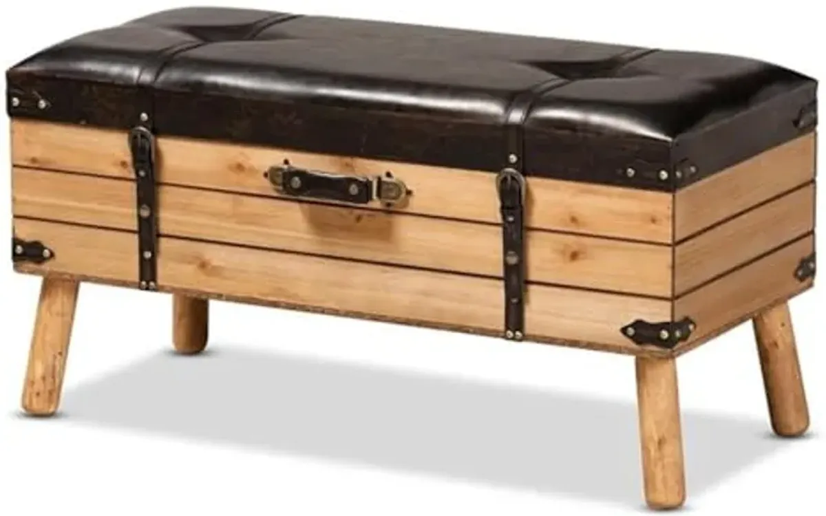 Baxton Studio Amena Rustic Transitional Dark Brown PU Leather Upholstered and Oak Finished Wood Large Storage Ottoman